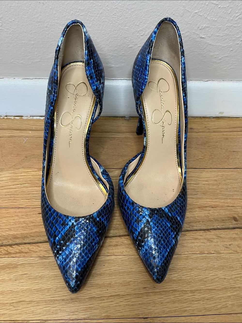 Jessica Simpson Blue and Black Snakeskin Pointed-Toe Heels - Picture 2 of 6